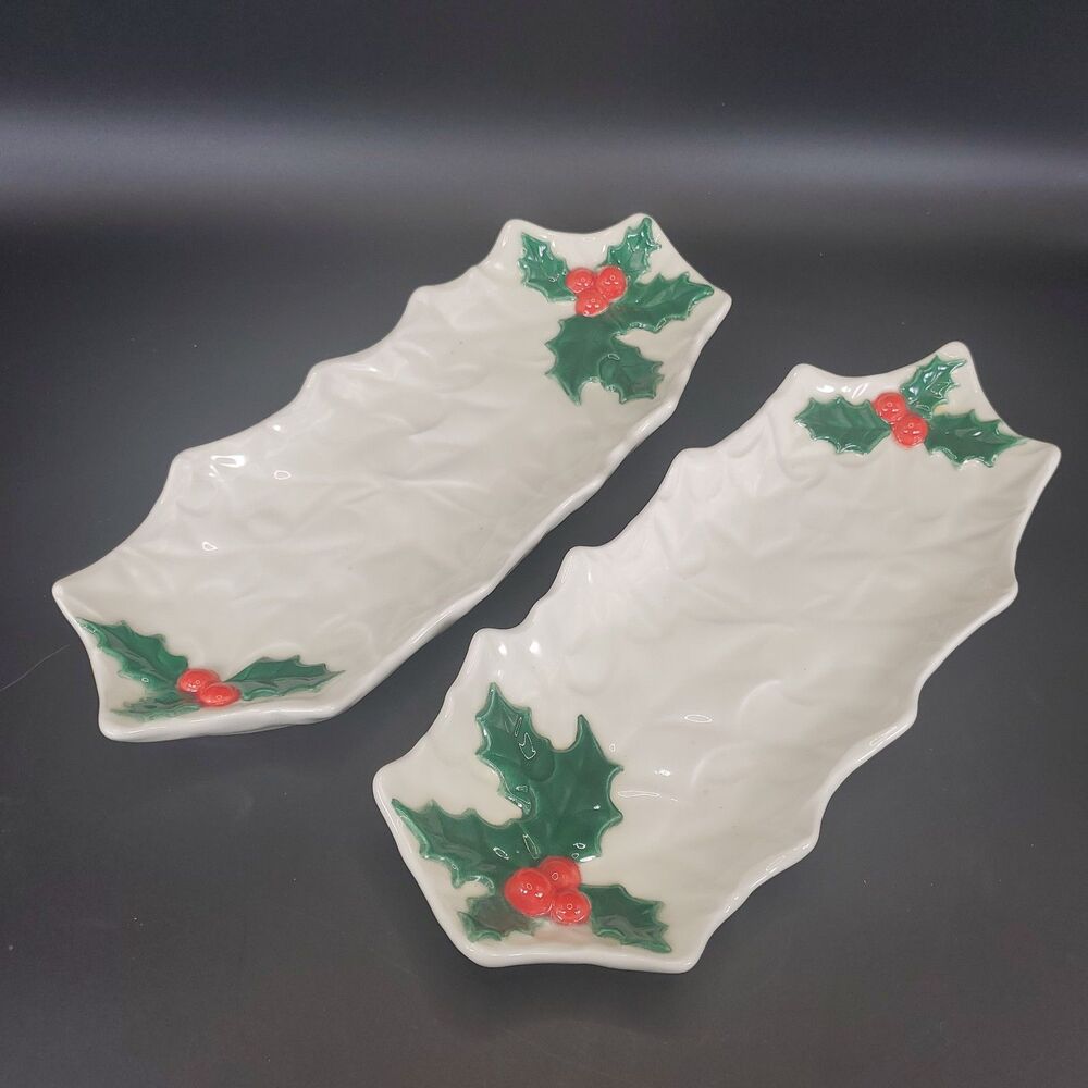 Vintage Holly Berry Serving Dishes Set of 2 Christmas Ceramic Tray